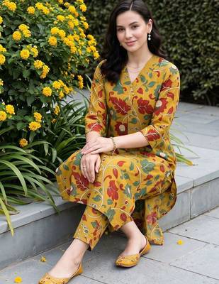 women floral printed regular cotton kurta with trousers 5