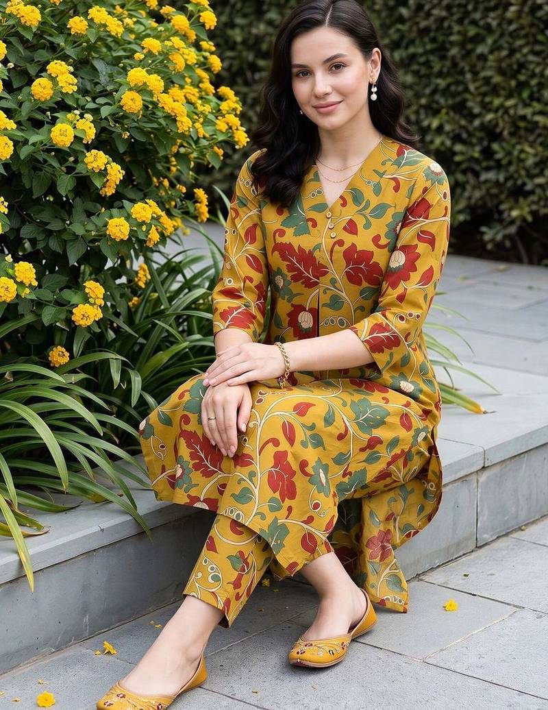women floral printed regular cotton kurta with trousers