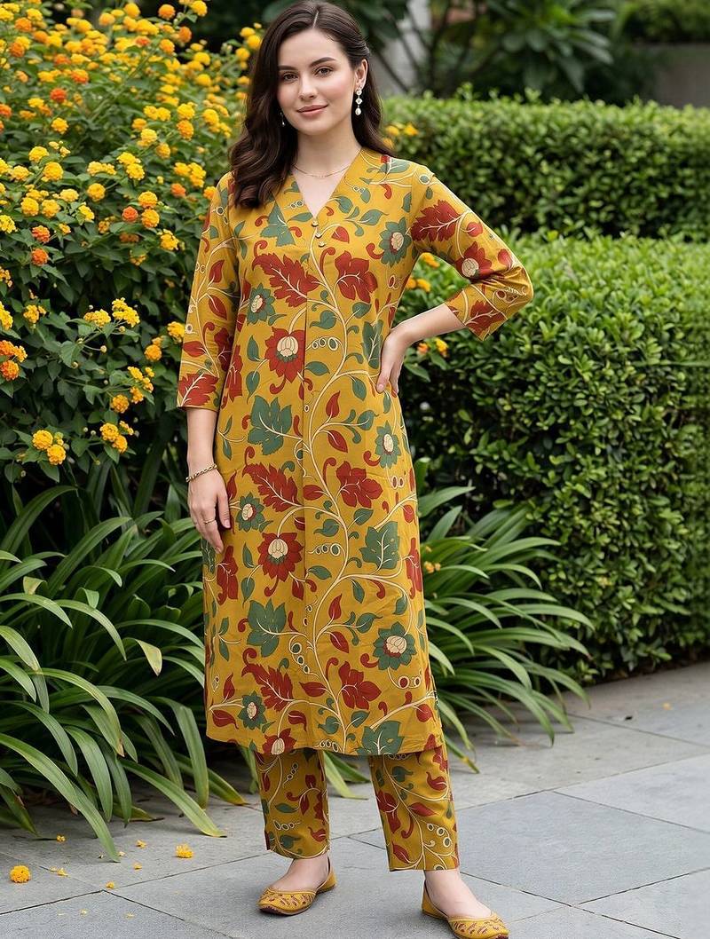 women floral printed regular cotton kurta with trousers