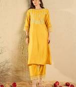 women ethnic motifs embroidered regular thread work liva kurta with trousers & with dupatta