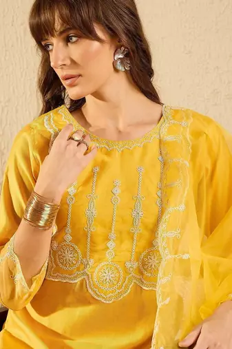 women ethnic motifs embroidered regular thread work liva kurta with trousers & with dupatta