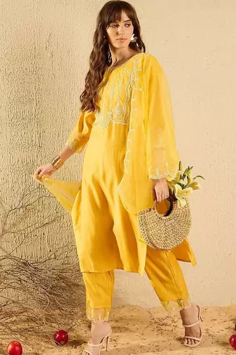 women ethnic motifs embroidered regular thread work liva kurta with trousers & with dupatta