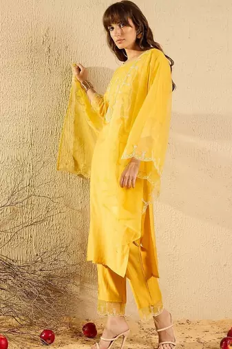 women ethnic motifs embroidered regular thread work liva kurta with trousers & with dupatta