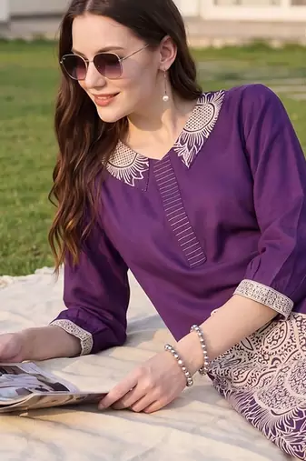 women ethnic motifs embroidered regular kurta with palazzos