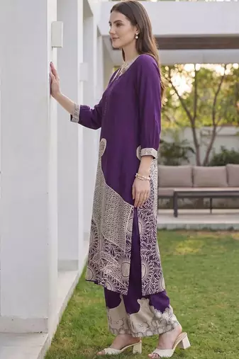 women ethnic motifs embroidered regular kurta with palazzos