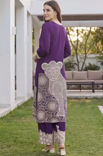 women ethnic motifs embroidered regular kurta with palazzos