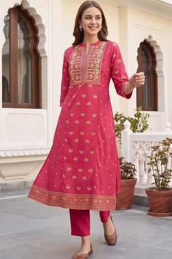 women ethnic motifs printed regular thread work cotton kurta with trousers