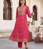 women ethnic motifs printed regular thread work cotton kurta with trousers