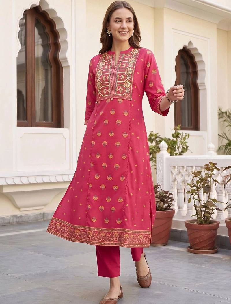 women ethnic motifs printed regular thread work cotton kurta with trousers