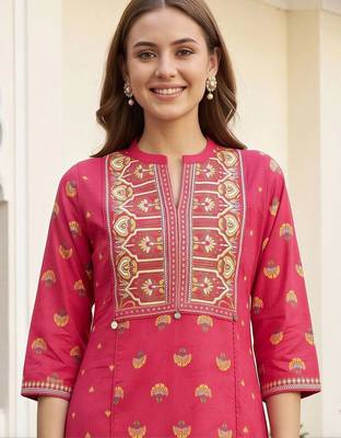 women ethnic motifs printed regular thread work cotton kurta with trousers 2