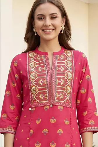 women ethnic motifs printed regular thread work cotton kurta with trousers