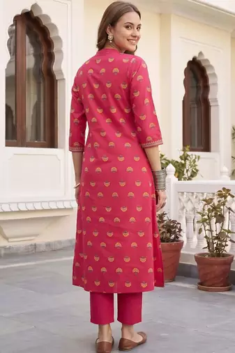 women ethnic motifs printed regular thread work cotton kurta with trousers