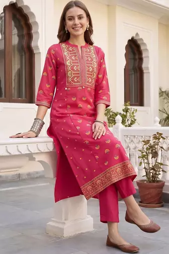 women ethnic motifs printed regular thread work cotton kurta with trousers