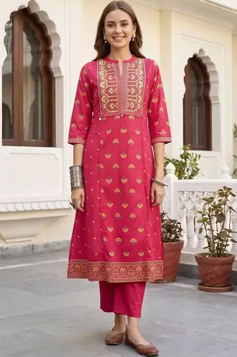 women ethnic motifs printed regular thread work cotton kurta with trousers