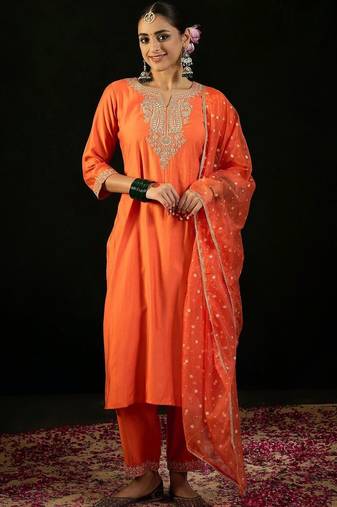women ethnic motifs embroidered regular thread work liva kurta with trousers & with dupatta