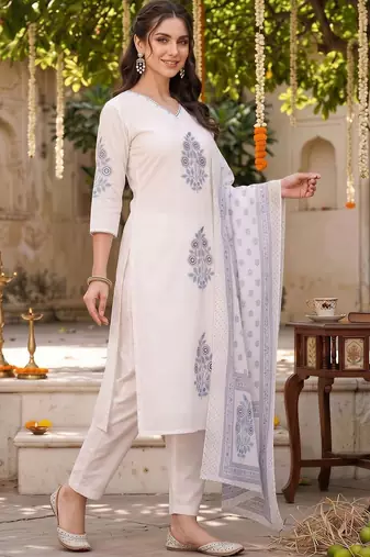 women ethnic motifs printed regular cotton kurta with trousers & with dupatta