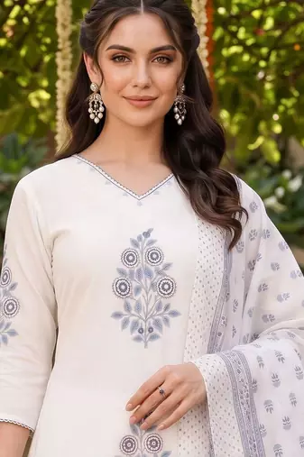 women ethnic motifs printed regular cotton kurta with trousers & with dupatta