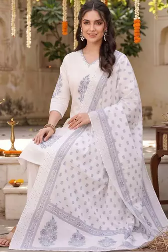 women ethnic motifs printed regular cotton kurta with trousers & with dupatta