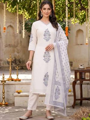women ethnic motifs printed regular cotton kurta with trousers & with dupatta 6