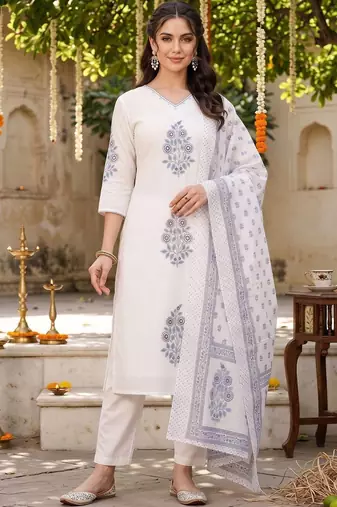 women ethnic motifs printed regular cotton kurta with trousers & with dupatta