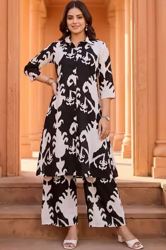 women ethnic motifs printed regular cotton kurta with palazzos