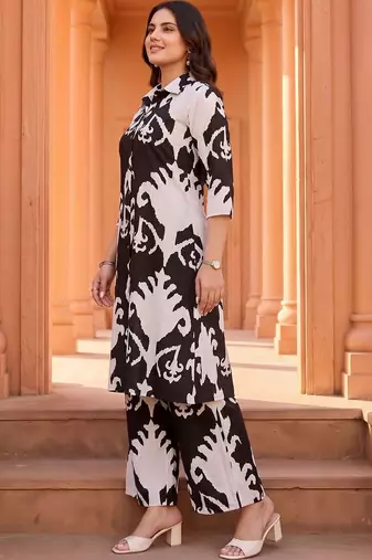 women ethnic motifs printed regular cotton kurta with palazzos