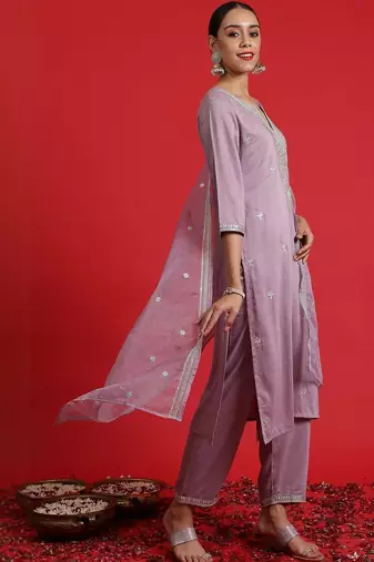 women ethnic motifs embroidered regular thread work kurta with trousers & with dupatta