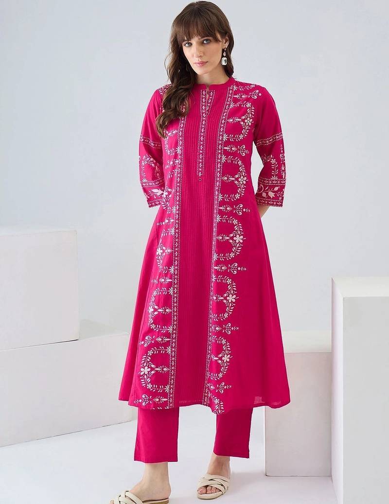 women ethnic motifs embroidered regular thread work cotton kurta with trousers