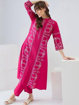 women ethnic motifs embroidered regular thread work cotton kurta with trousers 4