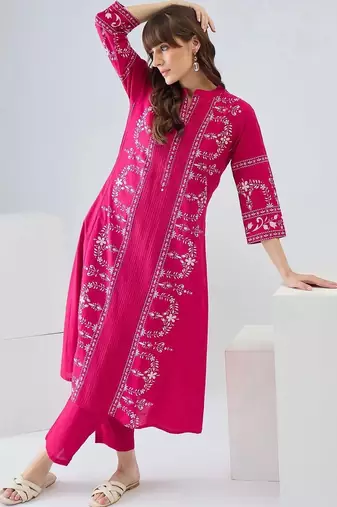 women ethnic motifs embroidered regular thread work cotton kurta with trousers