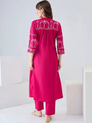 women ethnic motifs embroidered regular thread work cotton kurta with trousers 5