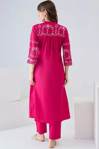 women ethnic motifs embroidered regular thread work cotton kurta with trousers