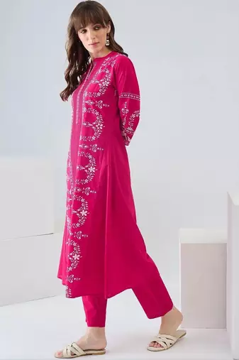women ethnic motifs embroidered regular thread work cotton kurta with trousers