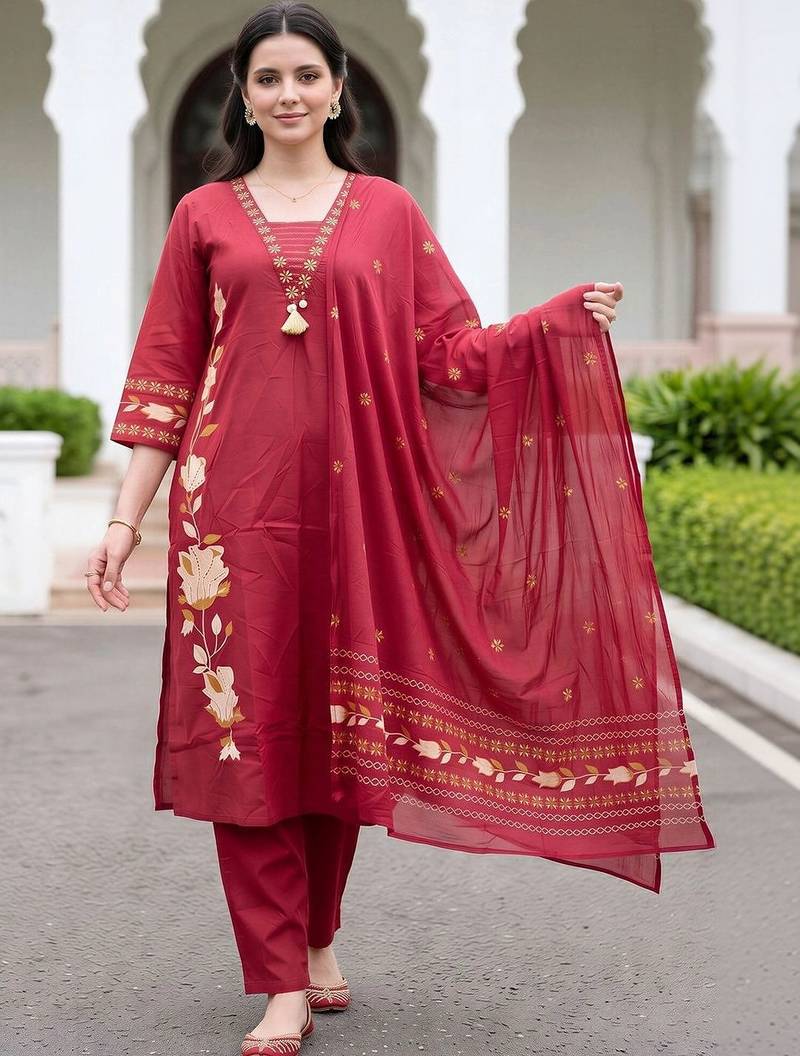 women floral embroidered regular thread work cotton kurta with trousers & with dupatta