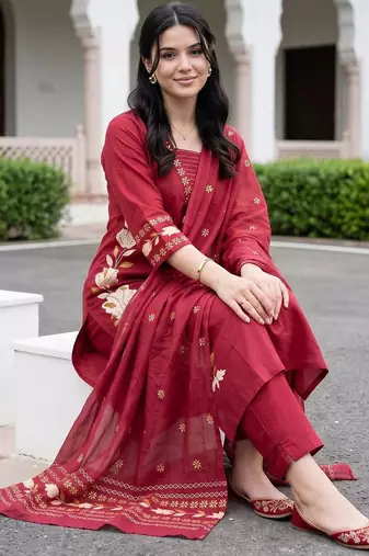 women floral embroidered regular thread work cotton kurta with trousers & with dupatta