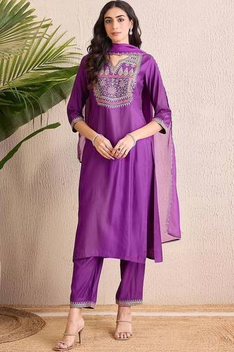 women ethnic motifs embroidered regular thread work liva kurta with trousers & with dupatta