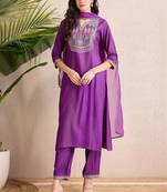 women ethnic motifs embroidered regular thread work liva kurta with trousers & with dupatta