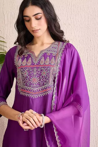 women ethnic motifs embroidered regular thread work liva kurta with trousers & with dupatta
