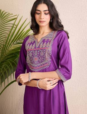 women ethnic motifs embroidered regular thread work liva kurta with trousers & with dupatta 3