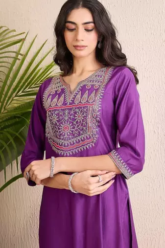 women ethnic motifs embroidered regular thread work liva kurta with trousers & with dupatta