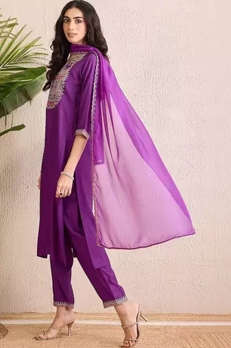 women ethnic motifs embroidered regular thread work liva kurta with trousers & with dupatta