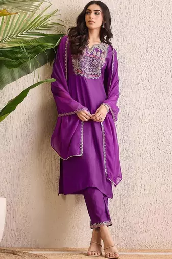 women ethnic motifs embroidered regular thread work liva kurta with trousers & with dupatta
