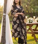women floral printed regular thread work chanderi silk kurta with trousers & with dupatta