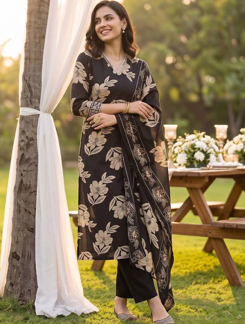 women floral printed regular thread work chanderi silk kurta with trousers & with dupatta