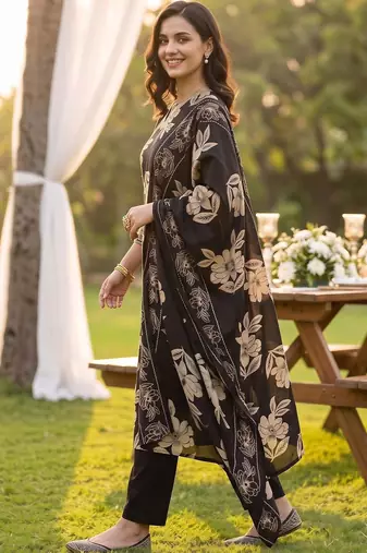women floral printed regular thread work chanderi silk kurta with trousers & with dupatta