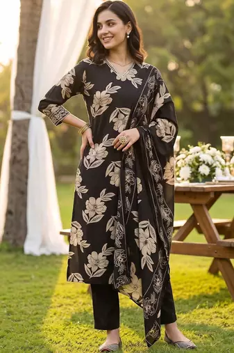 women floral printed regular thread work chanderi silk kurta with trousers & with dupatta