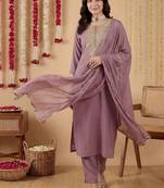 women ethnic motifs embroidered regular thread work kurta with trousers & with dupatta