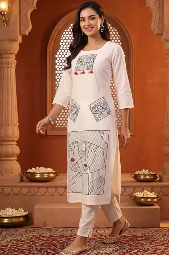 women printed regular cotton kurta with trousers