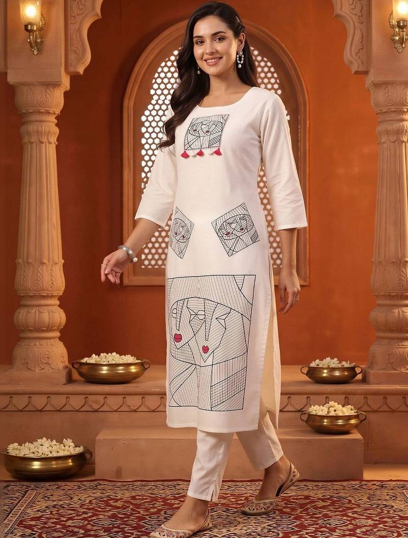 women printed regular cotton kurta with trousers