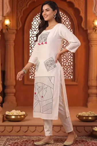 women printed regular cotton kurta with trousers
